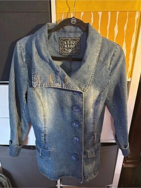 last kiss Faded Blue Denim Blazer with Button Front